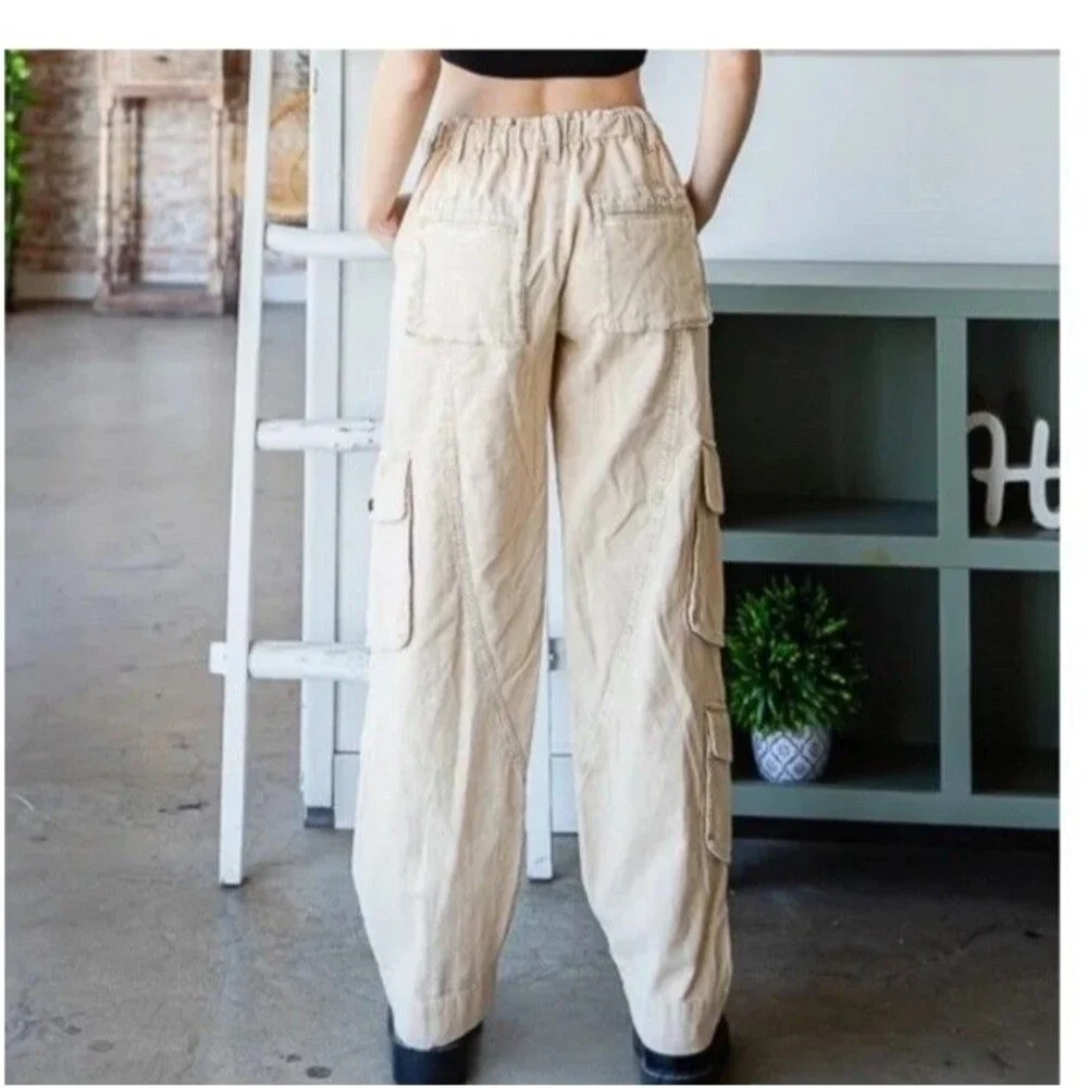 Oli & Hali Cream Streetwear Cargo Pants Drawstring Waist Utility JP0153 Large - Picture 2 of 13